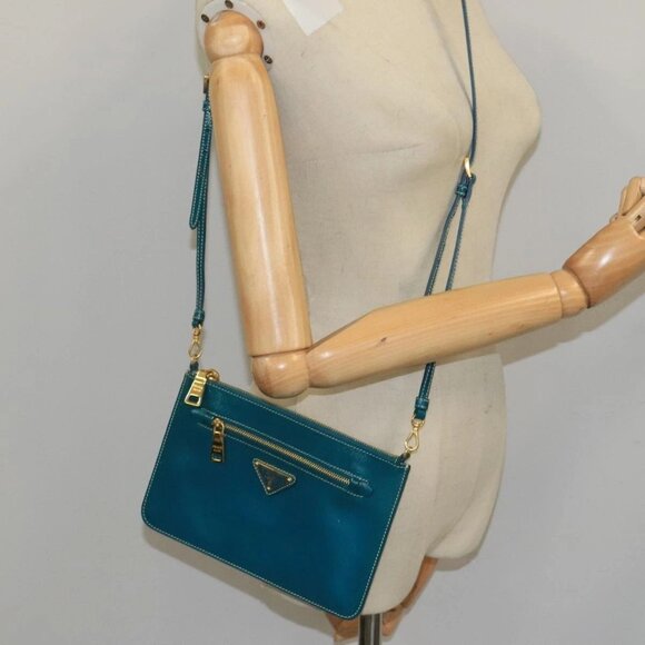 PRADA Shoulder Bag Safiano leather Turquoise Blue Gold Auth - Picture 1 of 16